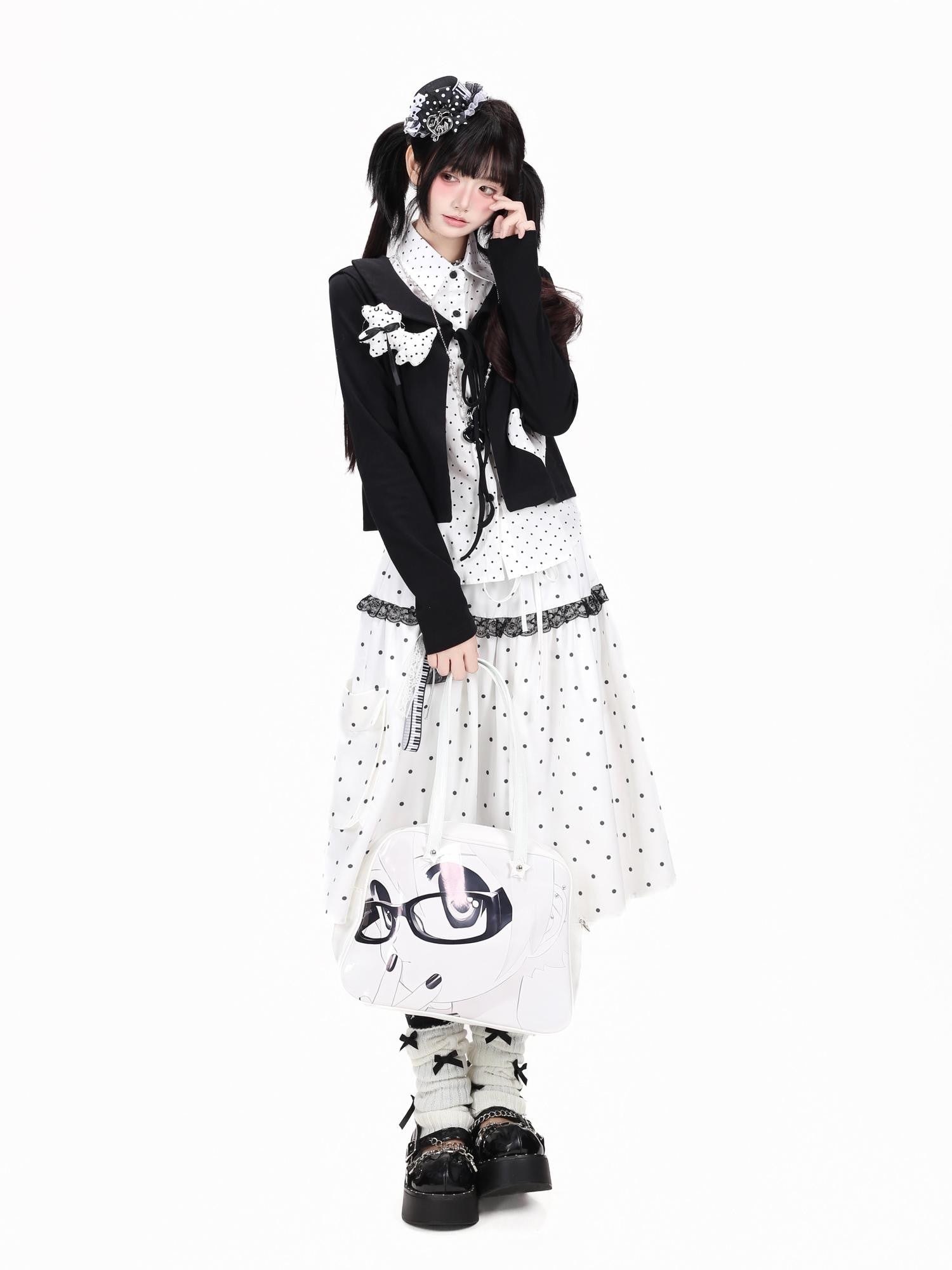 Crazy Girl Polka Dot Heart Faux Two Piece Collared Slim Women&