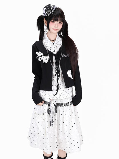 Crazy Girl Polka Dot Heart Faux Two Piece Collared Slim Women&