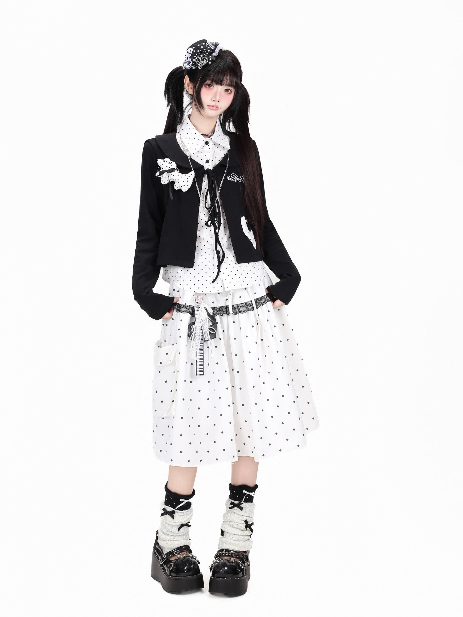 Crazy Girl Polka Dot Heart Faux Two Piece Collared Slim Women&