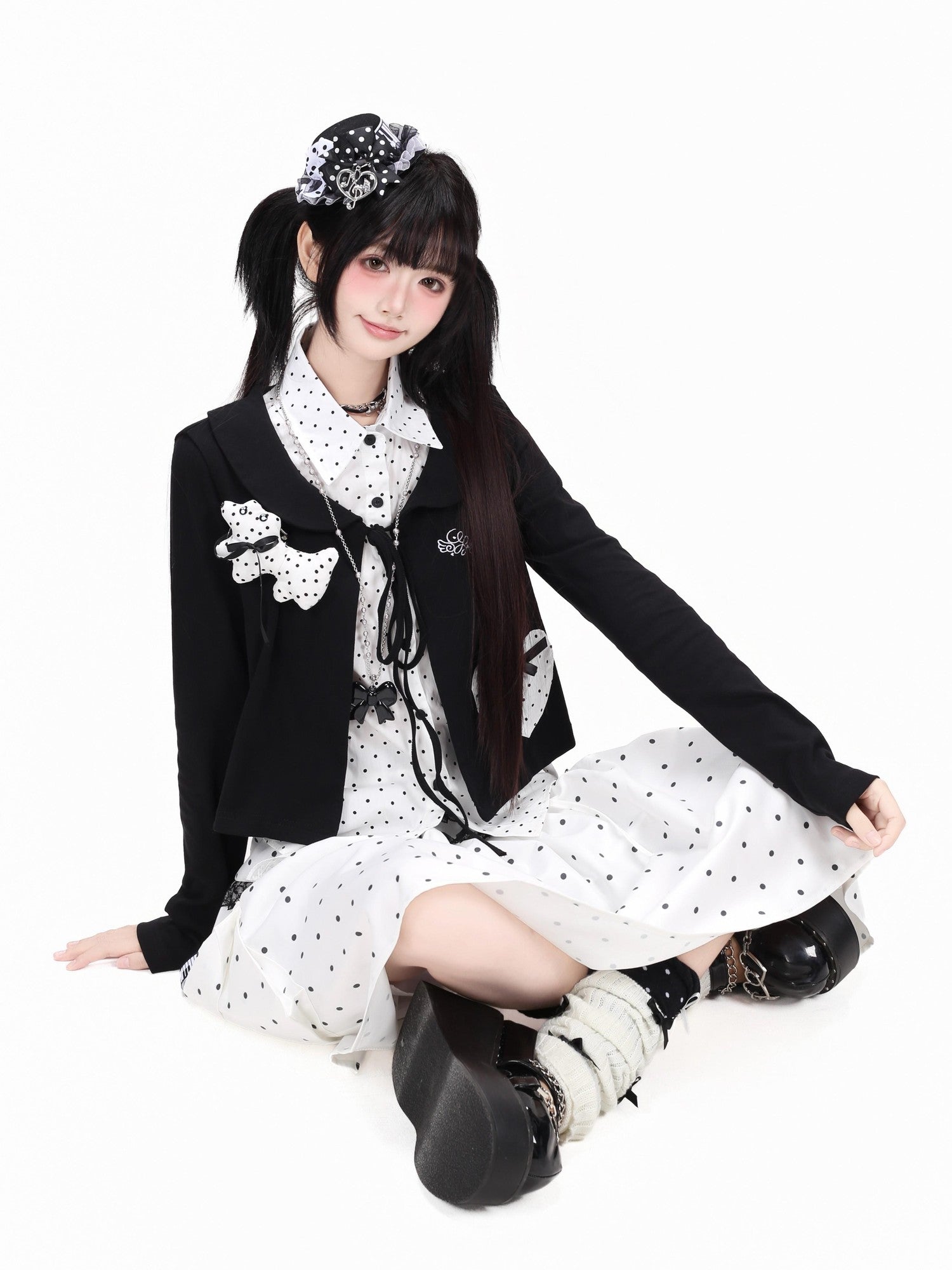 Crazy Girl Polka Dot Heart Faux Two Piece Collared Slim Women&