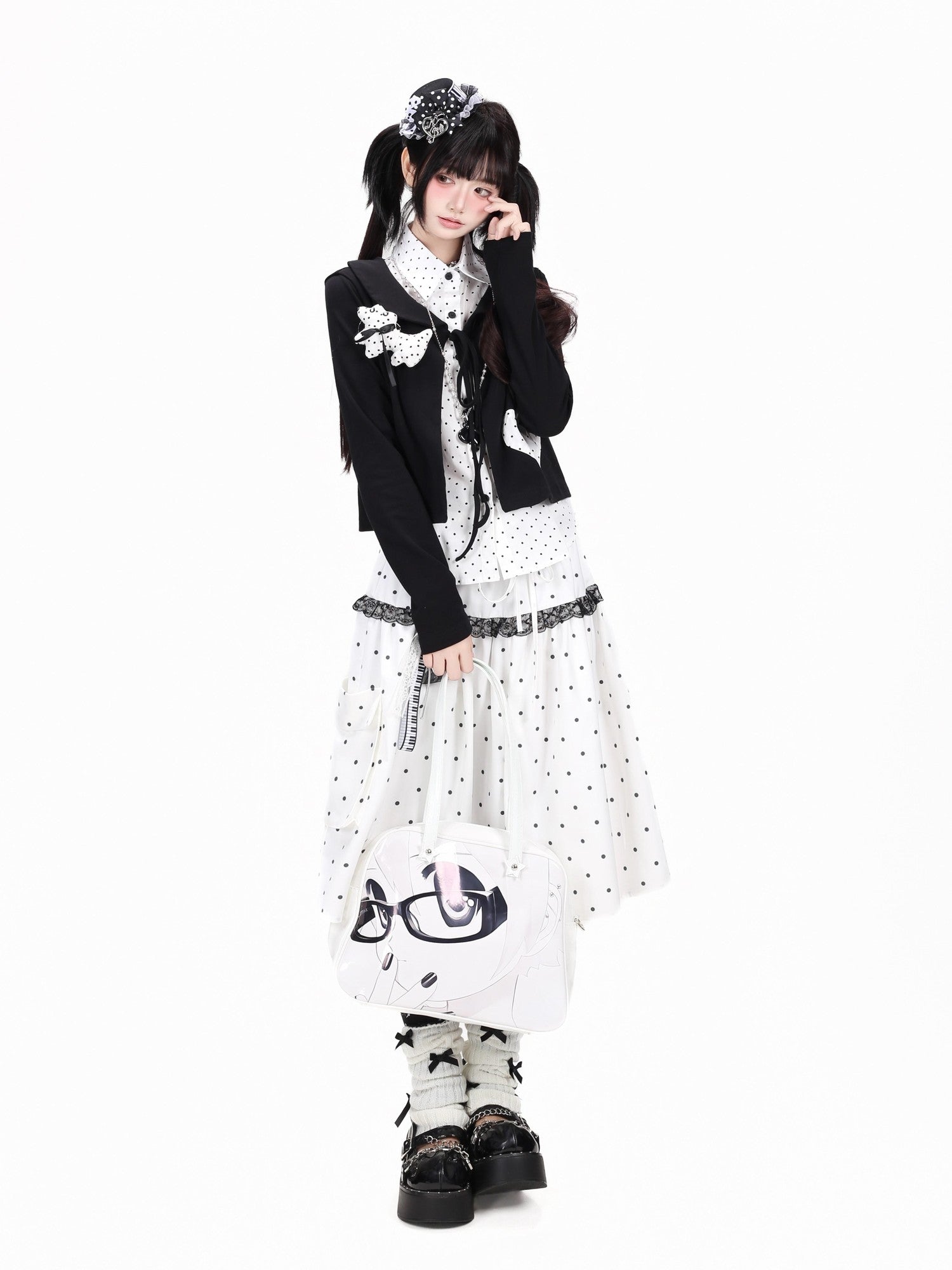 Crazy Girl Polka Dot Heart Faux Two Piece Collared Slim Women&