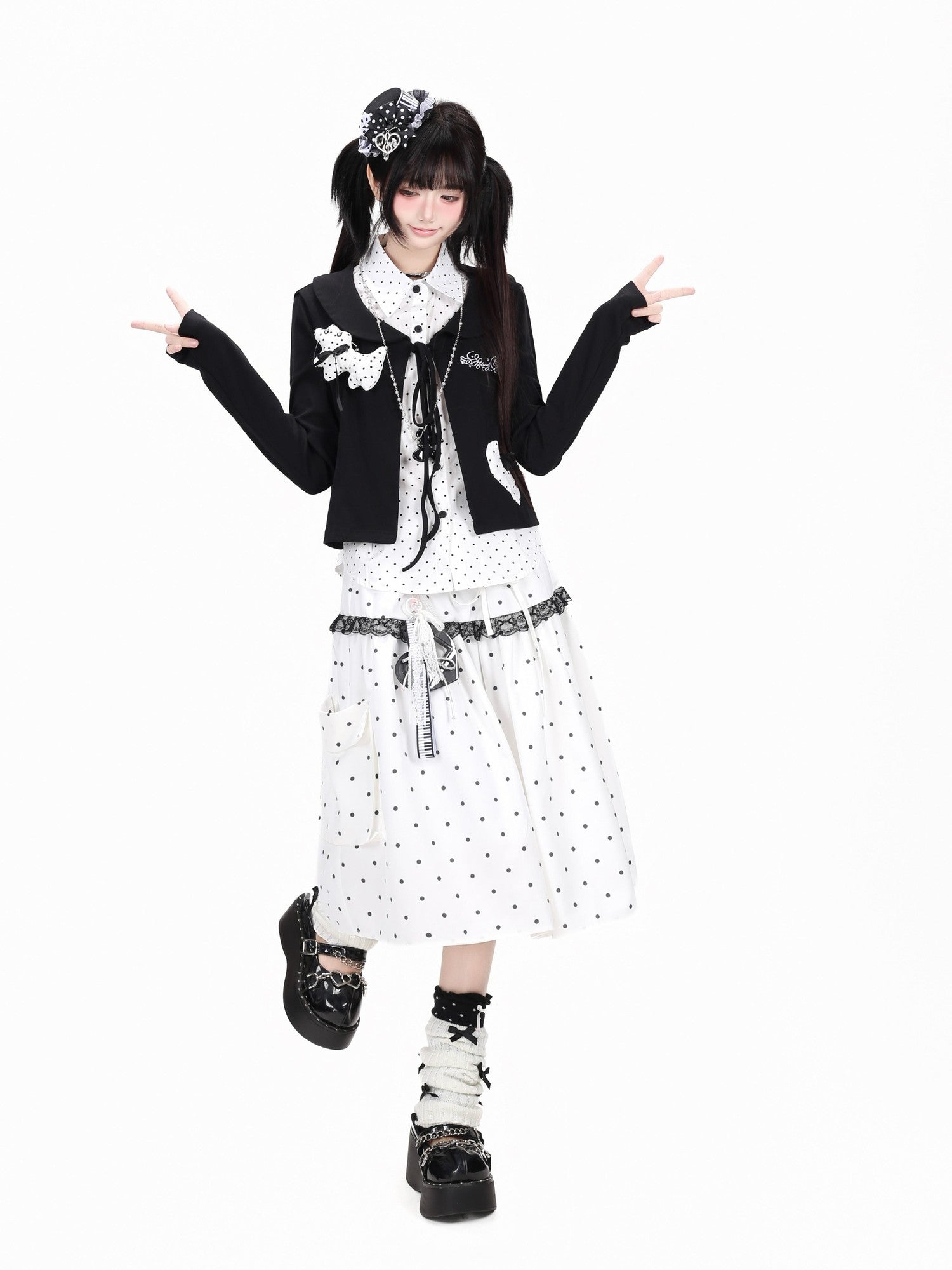 Crazy Girl Polka Dot Heart Faux Two Piece Collared Slim Women&