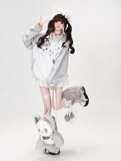 Crazy Girl Polka Dot Rabbit Embroidered Striped Raglan Hooded Women&
