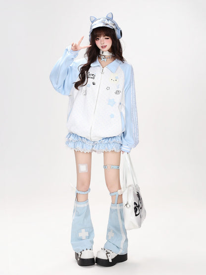Crazy Girl Polka Dot Rabbit Embroidered Striped Raglan Hooded Women&
