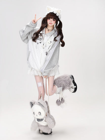 Crazy Girl Polka Dot Rabbit Embroidered Striped Raglan Hooded Women&
