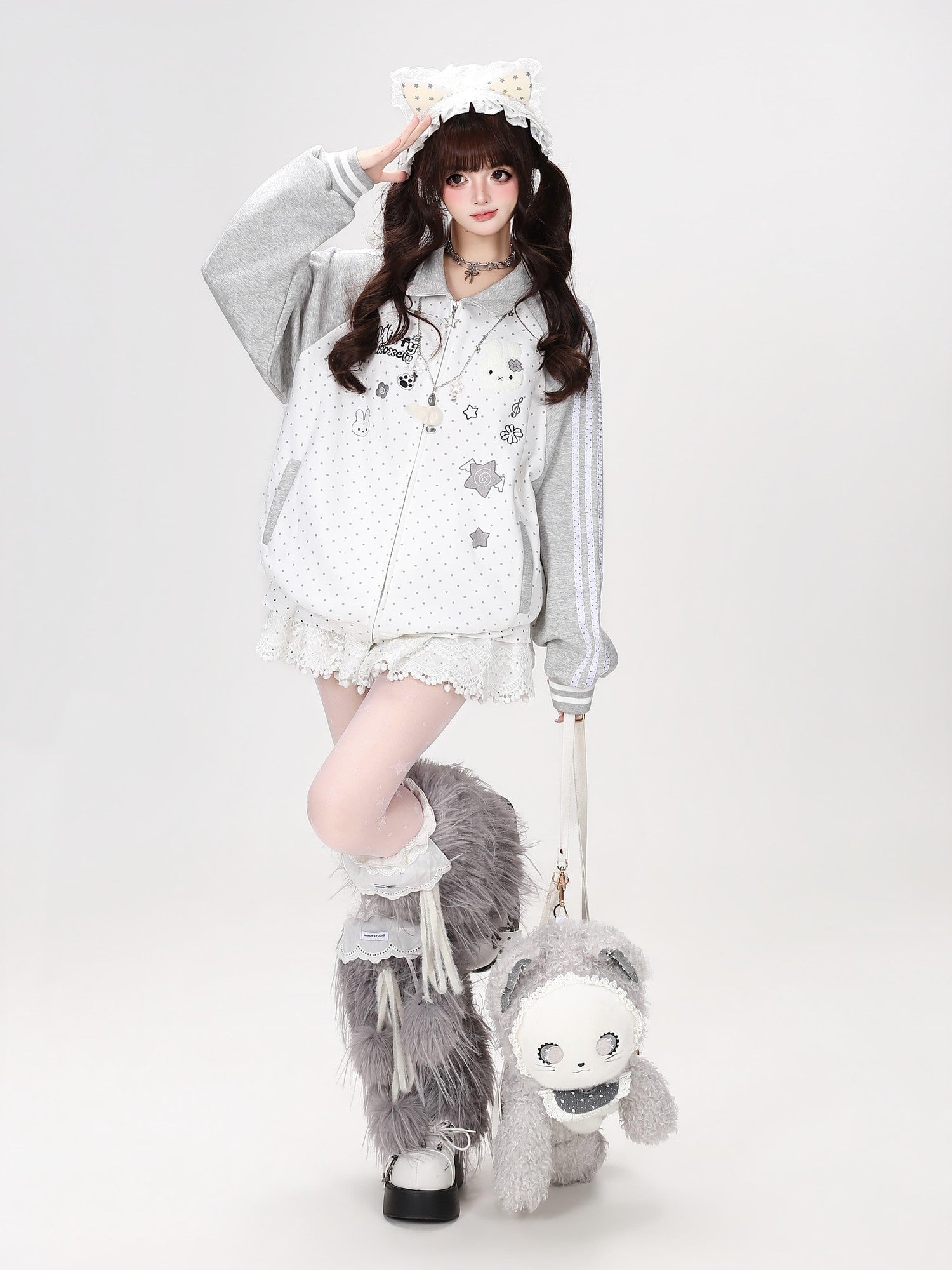 Crazy Girl Polka Dot Rabbit Embroidered Striped Raglan Hooded Women&