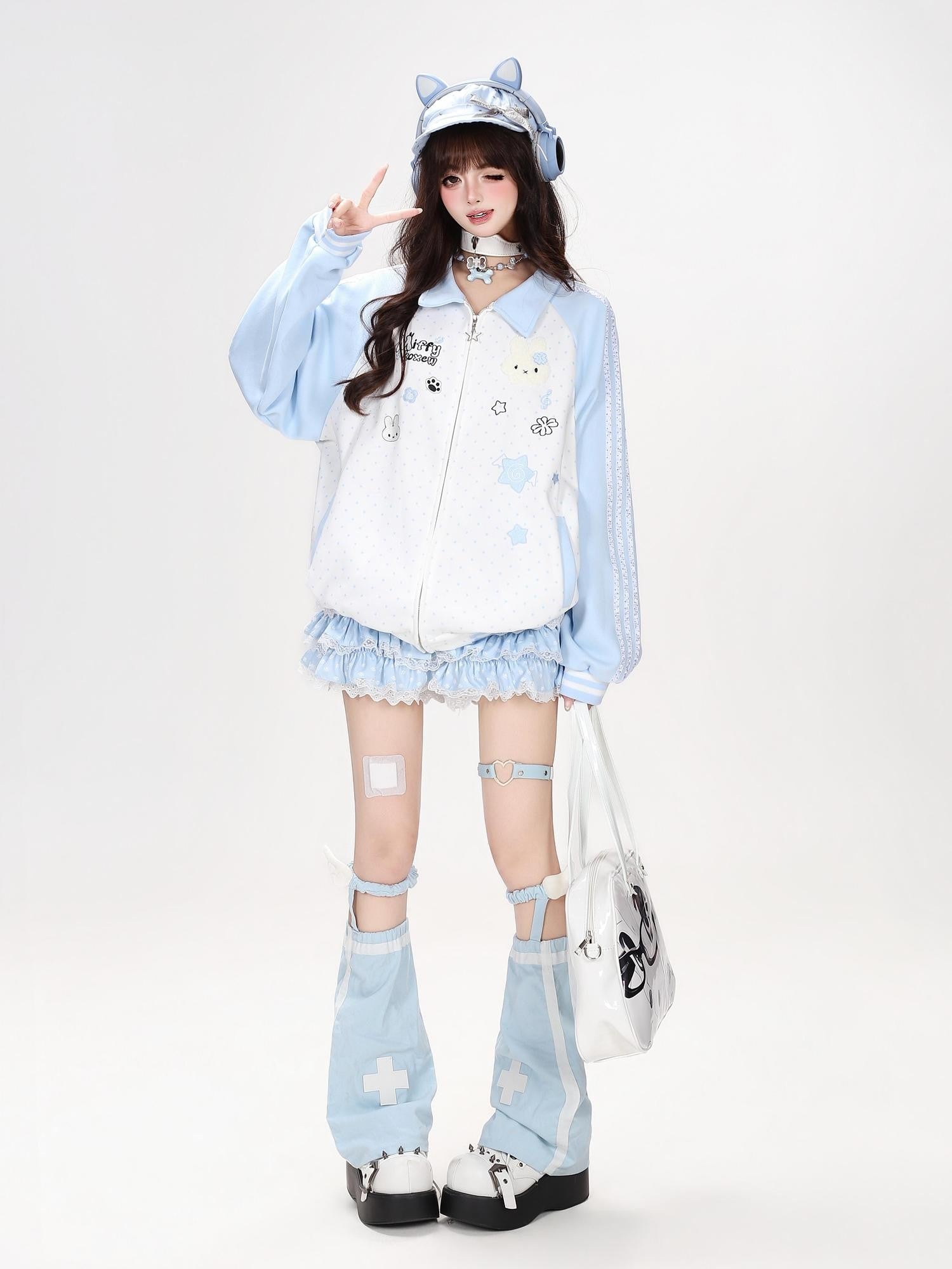 Crazy Girl Polka Dot Rabbit Embroidered Striped Raglan Hooded Women&