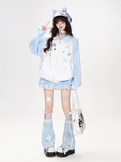 Crazy Girl Polka Dot Rabbit Embroidered Striped Raglan Hooded Women&