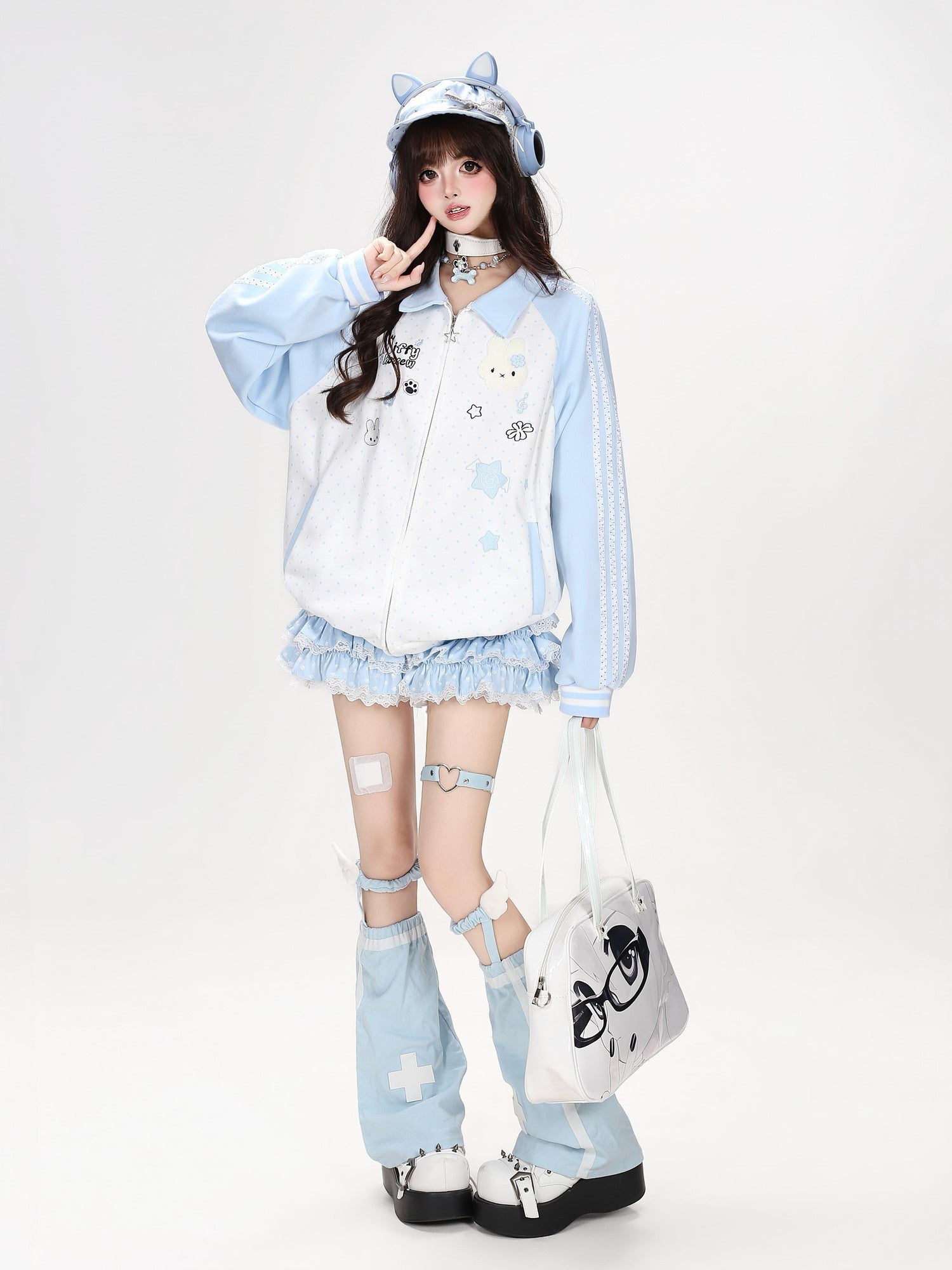Crazy Girl Polka Dot Rabbit Embroidered Striped Raglan Hooded Women&