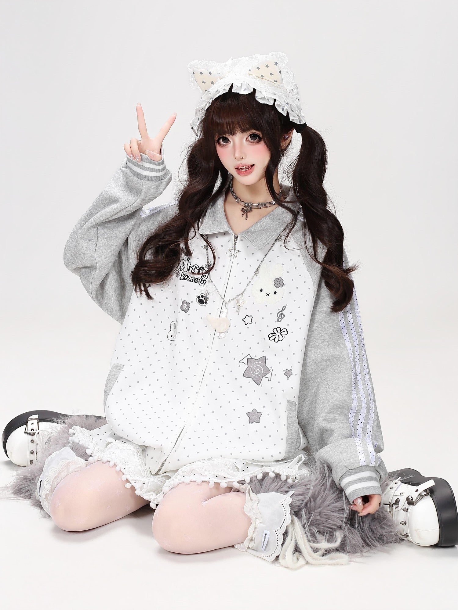 Crazy Girl Polka Dot Rabbit Embroidered Striped Raglan Hooded Women&