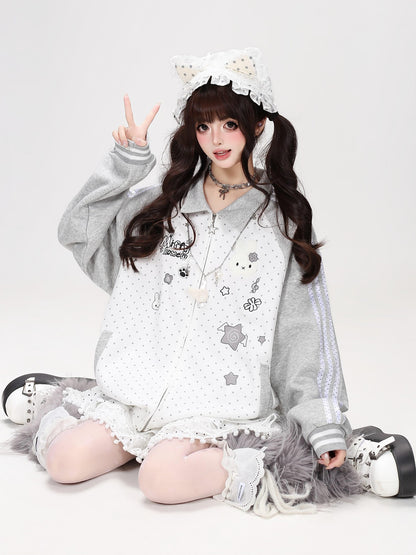 Crazy Girl Polka Dot Rabbit Embroidered Striped Raglan Hooded Women&