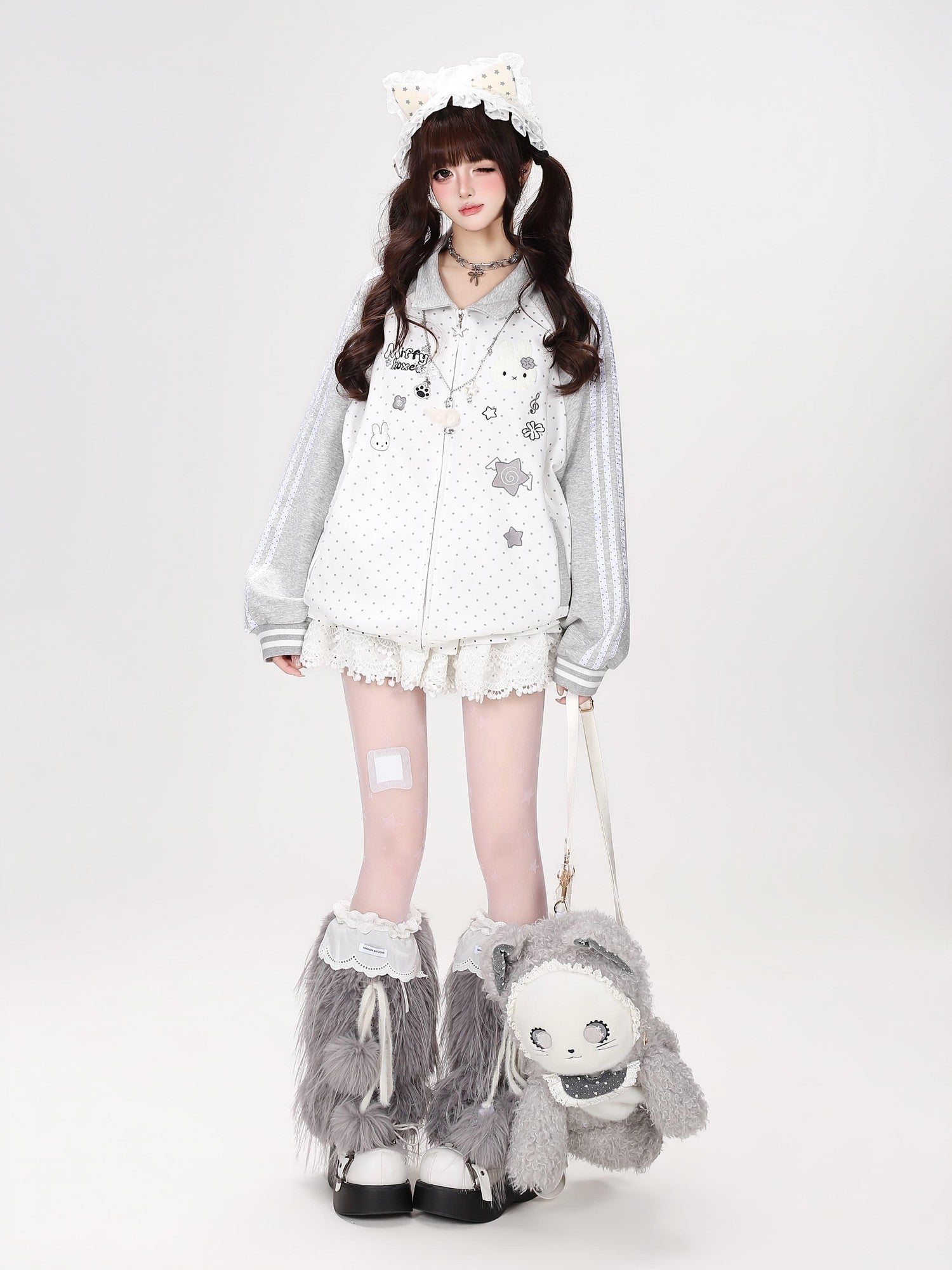 Crazy Girl Polka Dot Rabbit Embroidered Striped Raglan Hooded Women&