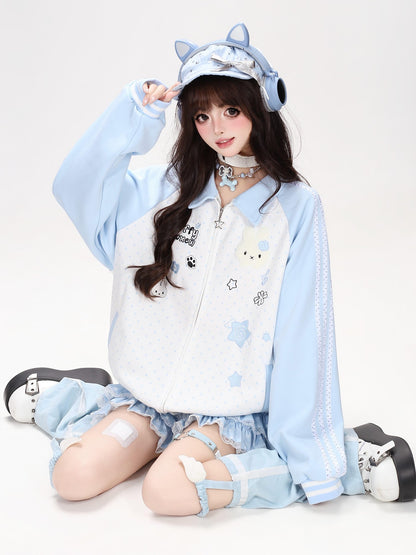 Crazy Girl Polka Dot Rabbit Embroidered Striped Raglan Hooded Women&