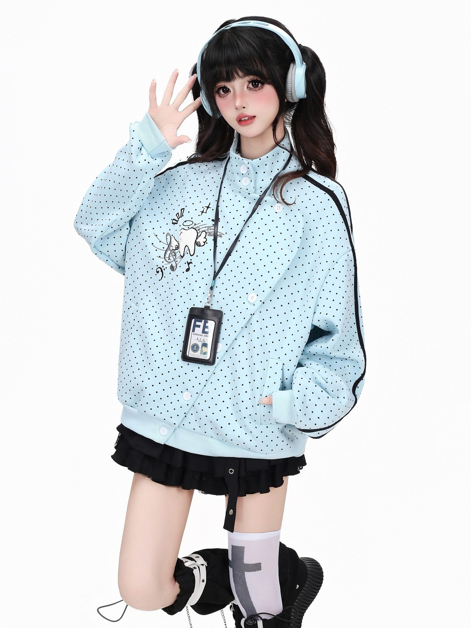 Crazy Girl Polka Dot Striped Embroidered Stand Collar Diagonal Button Women&