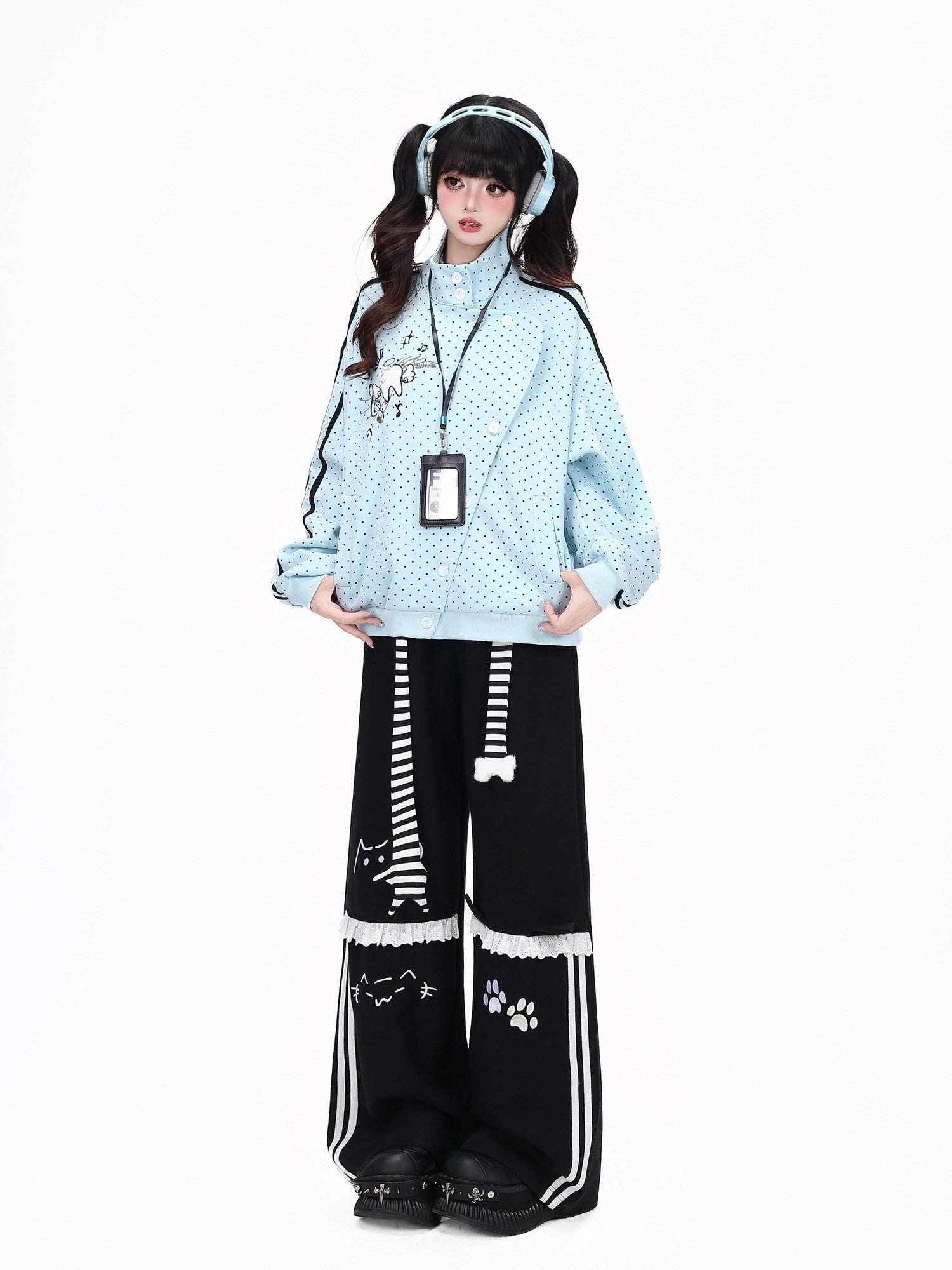 Crazy Girl Polka Dot Striped Embroidered Stand Collar Diagonal Button Women&