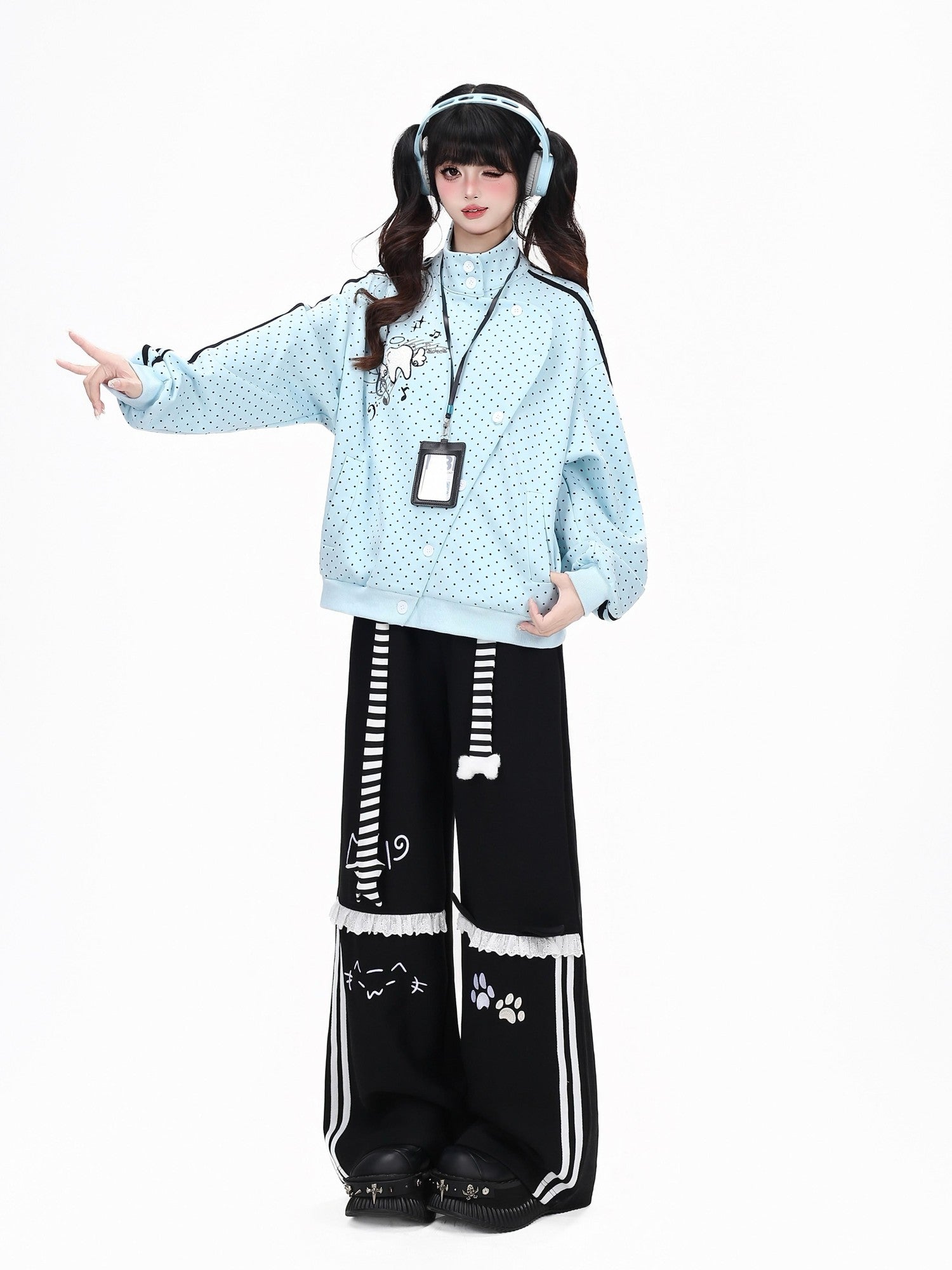 Crazy Girl Polka Dot Striped Embroidered Stand Collar Diagonal Button Women&