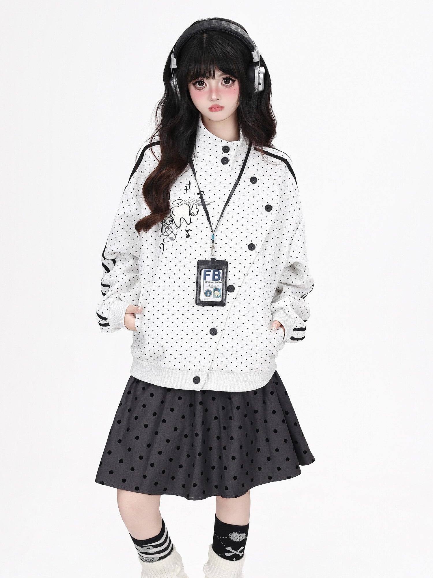 Crazy Girl Polka Dot Striped Embroidered Stand Collar Diagonal Button Women&