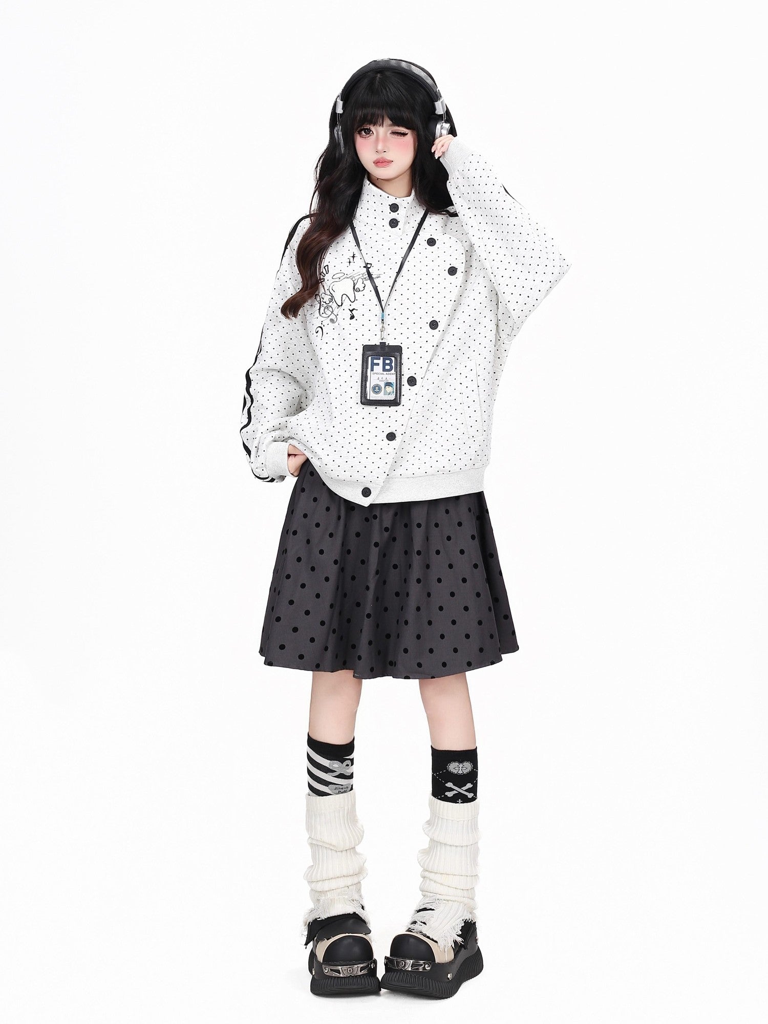 Crazy Girl Polka Dot Striped Embroidered Stand Collar Diagonal Button Women&