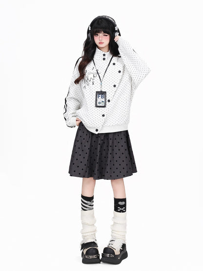 Crazy Girl Polka Dot Striped Embroidered Stand Collar Diagonal Button Women&