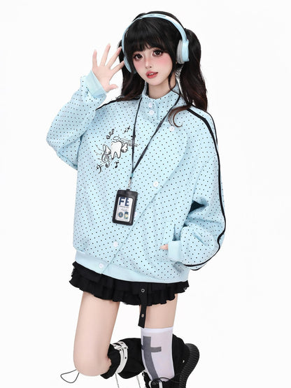 Crazy Girl Polka Dot Striped Embroidered Stand Collar Diagonal Button Women&