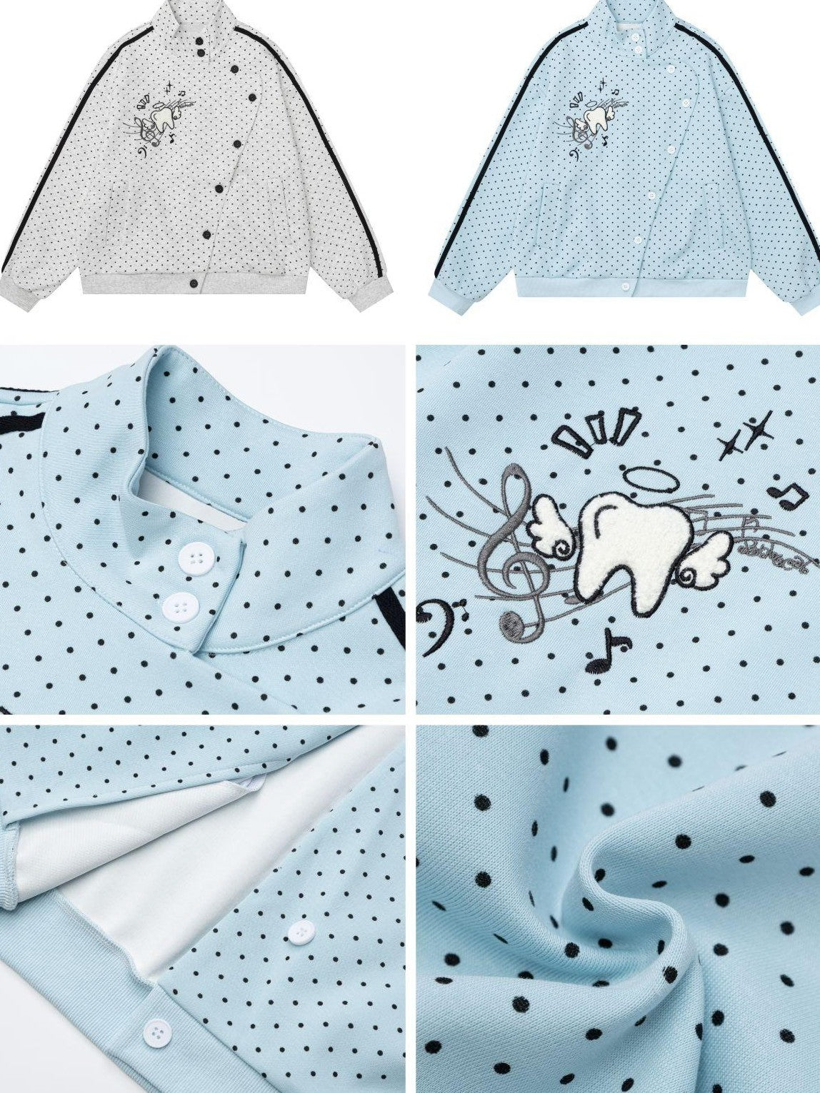 Crazy Girl Polka Dot Striped Embroidered Stand Collar Diagonal Button Women&