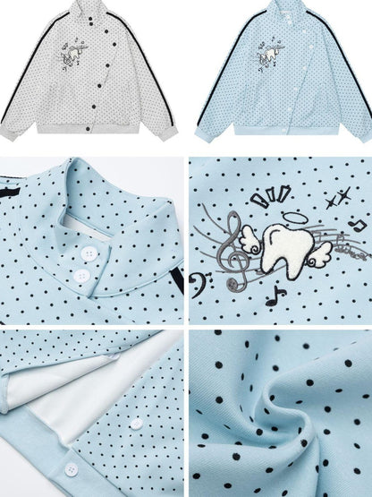 Crazy Girl Polka Dot Striped Embroidered Stand Collar Diagonal Button Women&