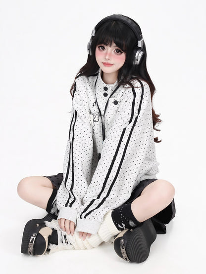 Crazy Girl Polka Dot Striped Embroidered Stand Collar Diagonal Button Women&