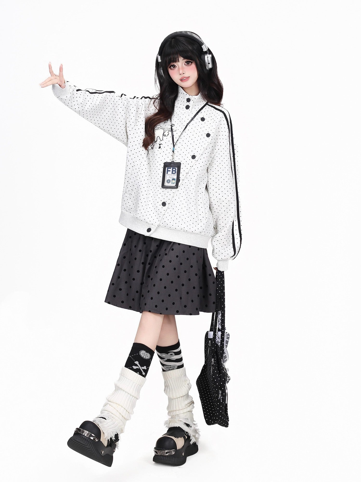 Crazy Girl Polka Dot Striped Embroidered Stand Collar Diagonal Button Women&