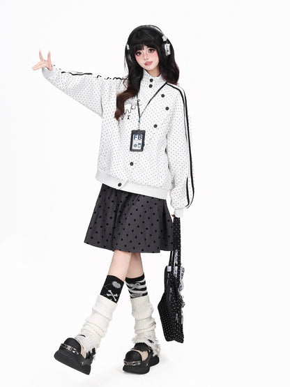 Crazy Girl Polka Dot Striped Embroidered Stand Collar Diagonal Button Women&