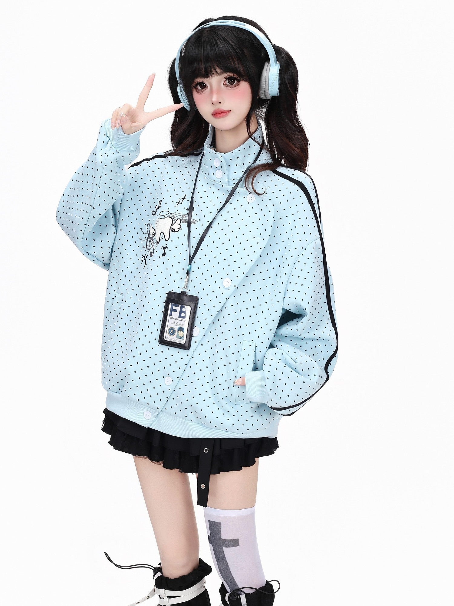 Crazy Girl Polka Dot Striped Embroidered Stand Collar Diagonal Button Women&