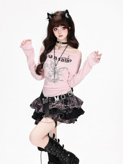 Crazy Girl Powder Blue Butterfly Print One Shoulder Slim Women&