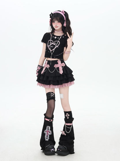 Crazy Girl Puff Ruffled Chain Colorblock High Waist Women&
