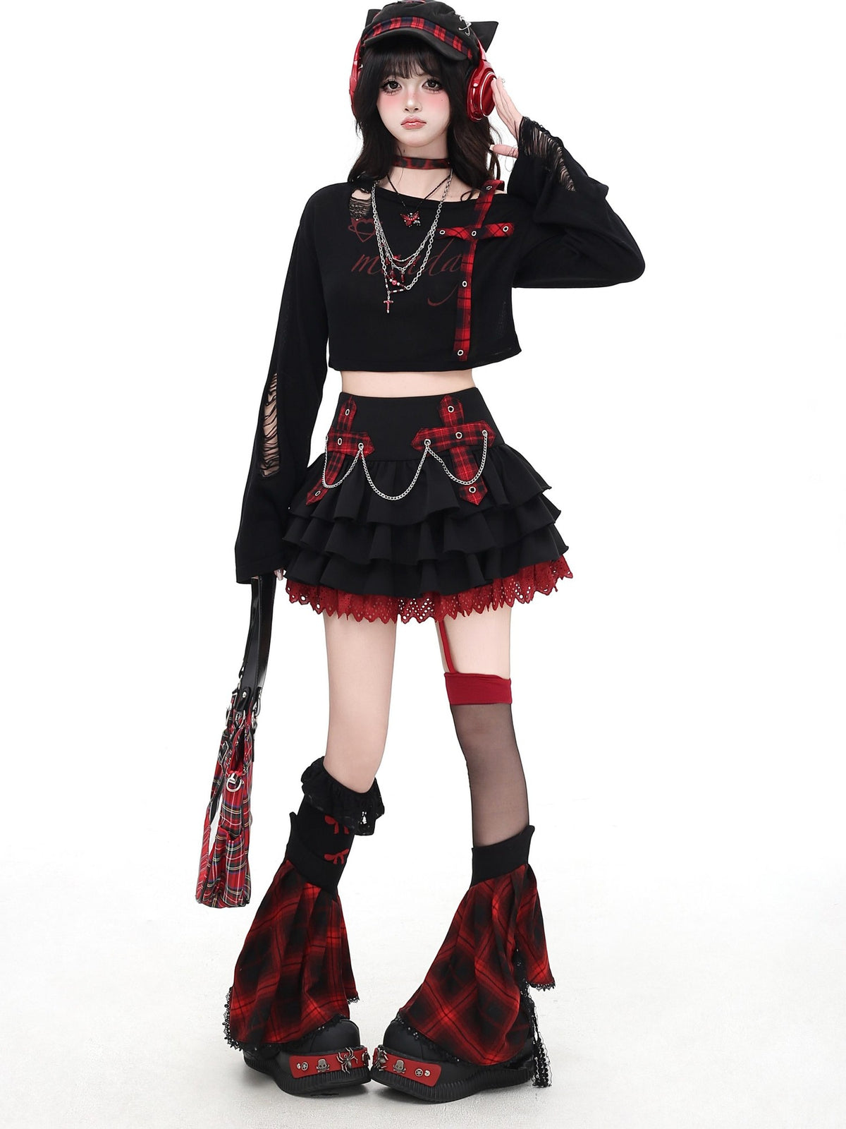 Crazy Girl Puff Ruffled Chain Colorblock High Waist Women&