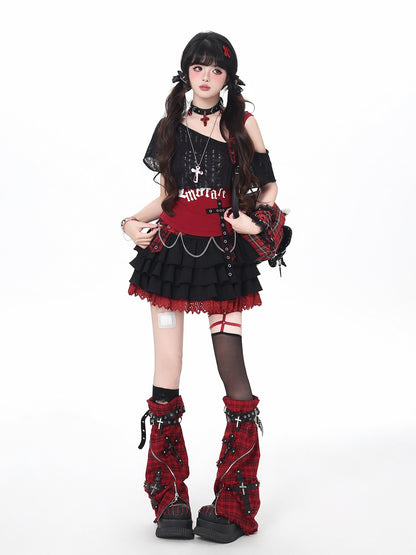 Crazy Girl Puff Ruffled Chain Colorblock High Waist Women&