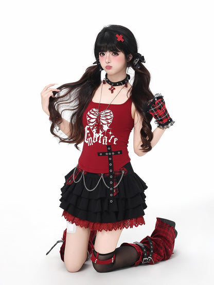 Crazy Girl Puff Ruffled Chain Colorblock High Waist Women&