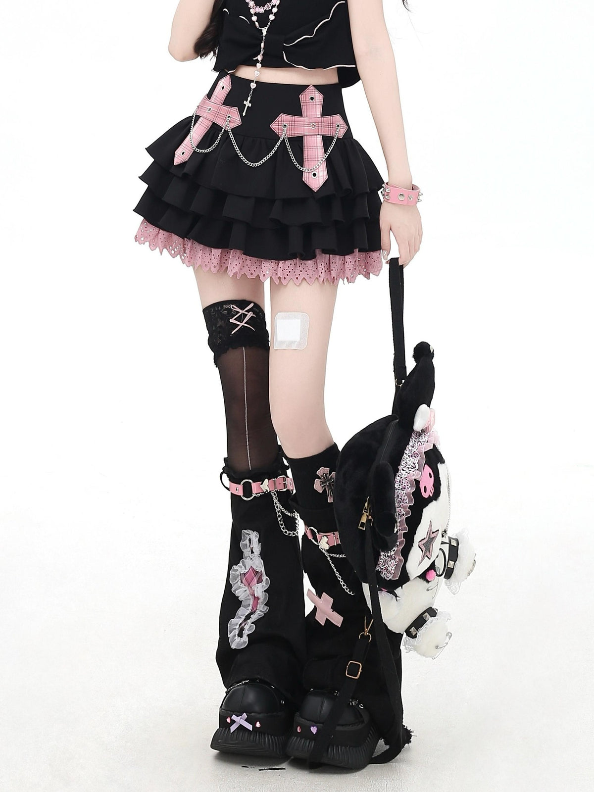 Crazy Girl Puff Ruffled Chain Colorblock High Waist Women&