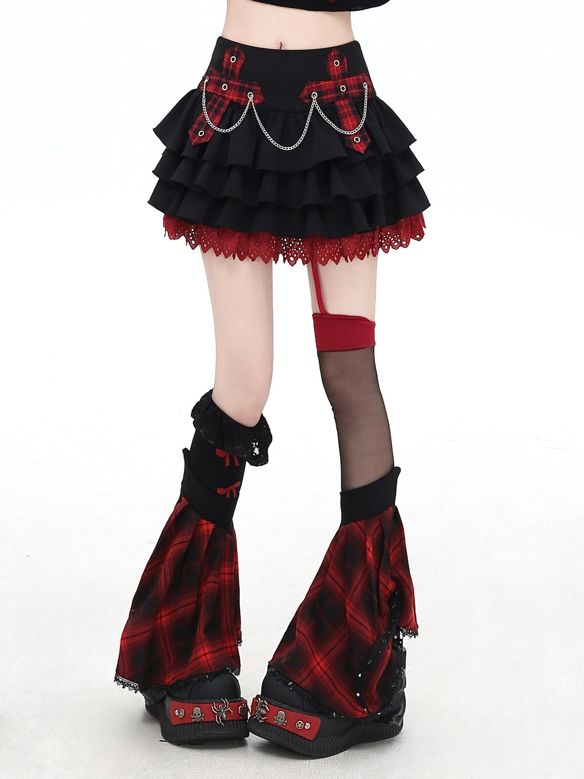 Crazy Girl Puff Ruffled Chain Colorblock High Waist Women&