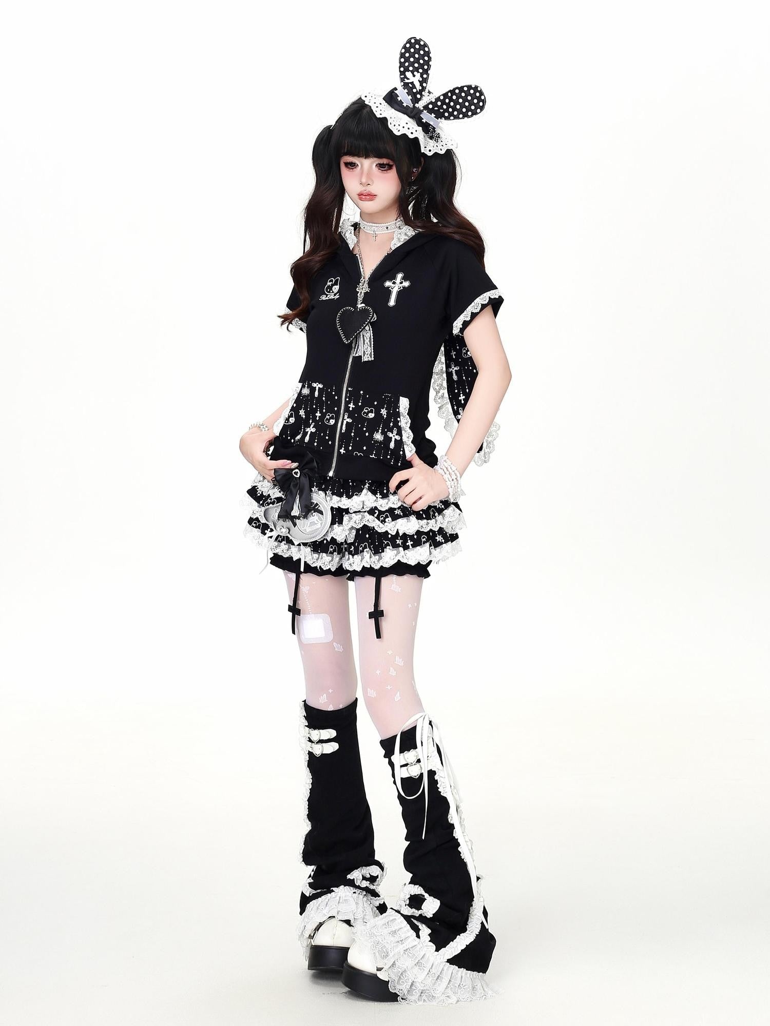 Crazy Girl Puffy Lace Trim Cross Pendant Women&