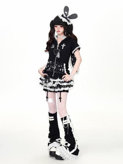 Crazy Girl Puffy Lace Trim Cross Pendant Women&