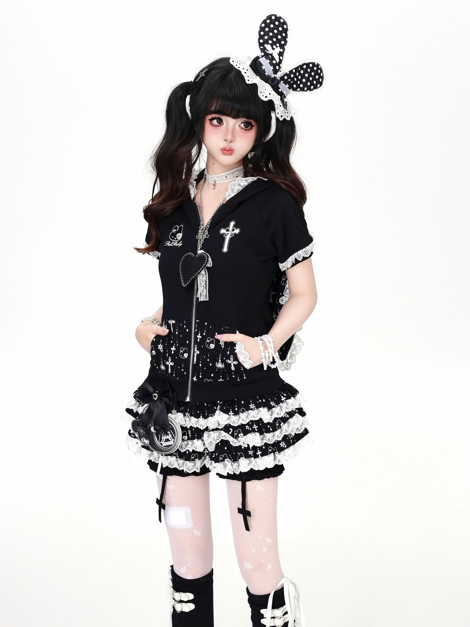Crazy Girl Puffy Lace Trim Cross Pendant Women&
