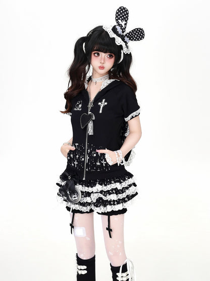 Crazy Girl Puffy Lace Trim Cross Pendant Women&