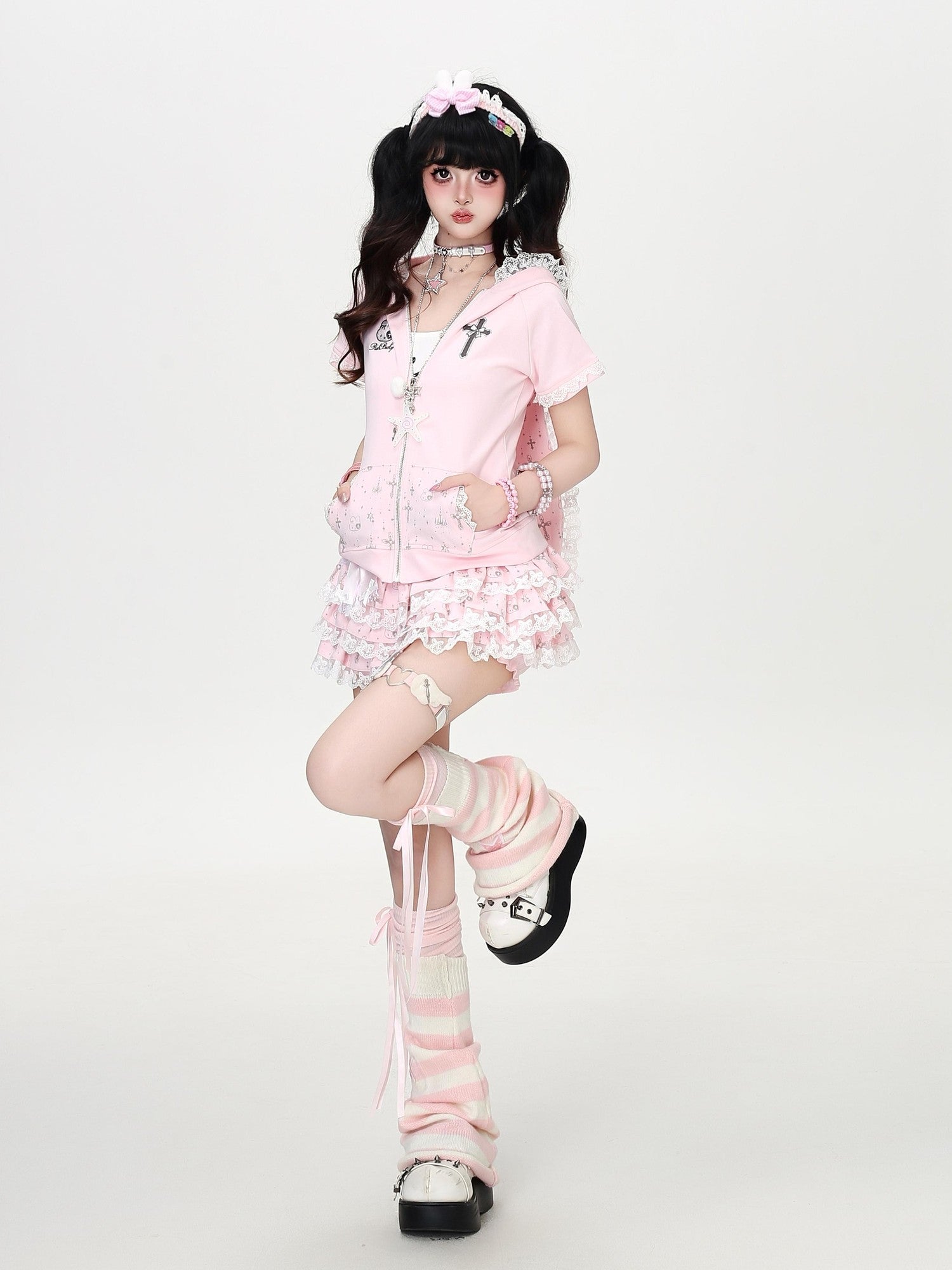 Crazy Girl Puffy Lace Trim Cross Pendant Women&