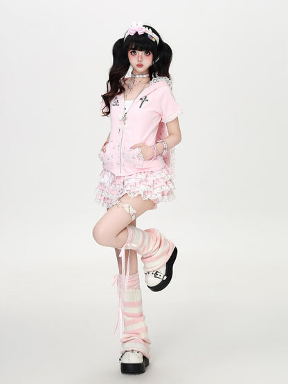 Crazy Girl Puffy Lace Trim Cross Pendant Women&