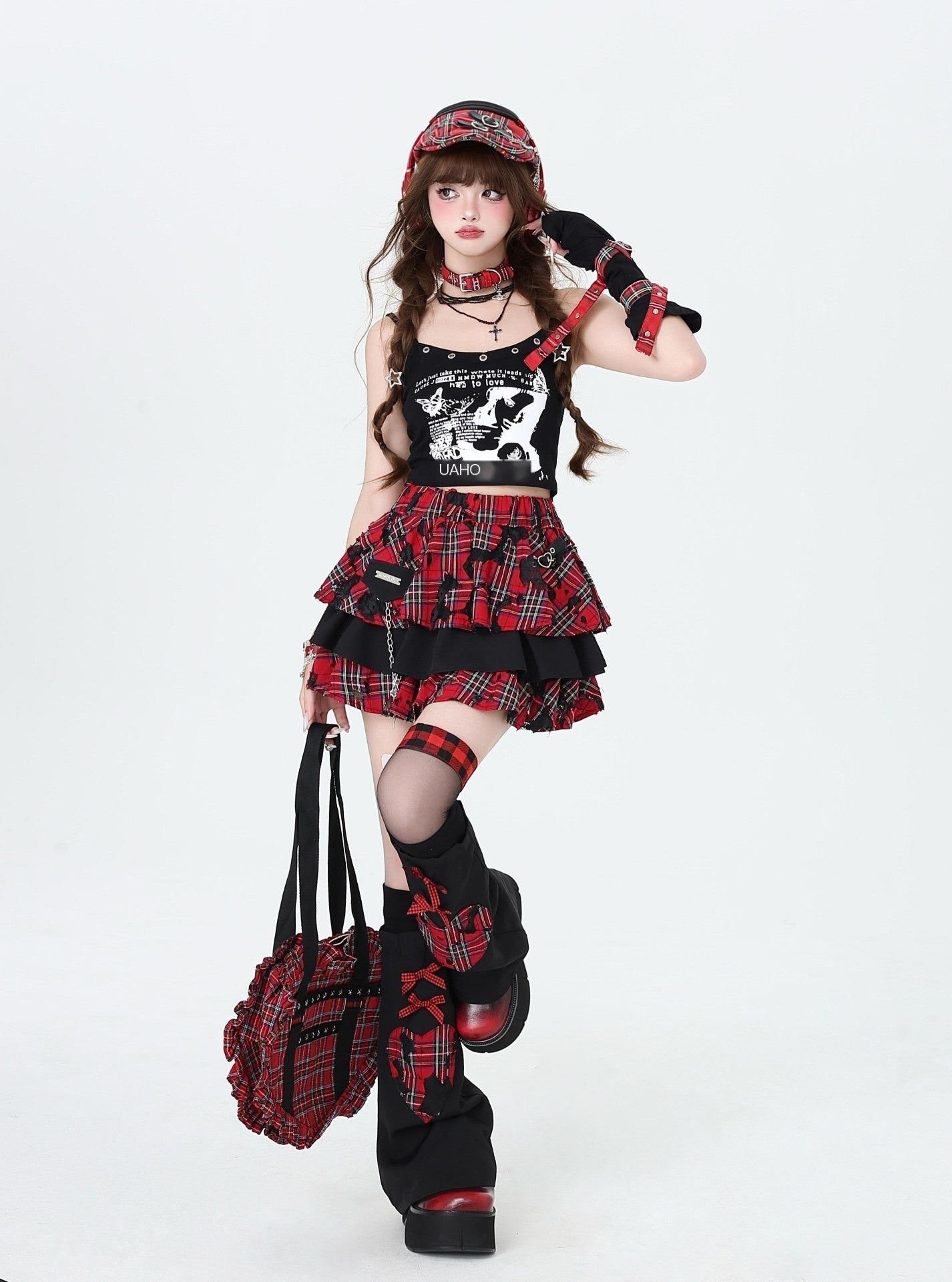 Crazy_Girl_Punk_Plaid_Chain_Distressed_Pleated_Women&