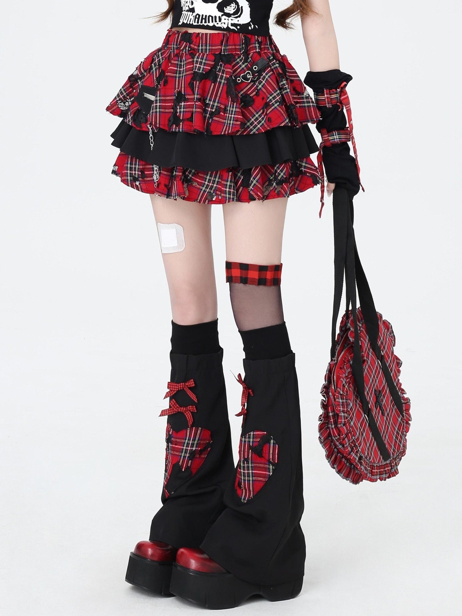 Crazy Girl Punk Plaid Chain Distressed Pleated Women&