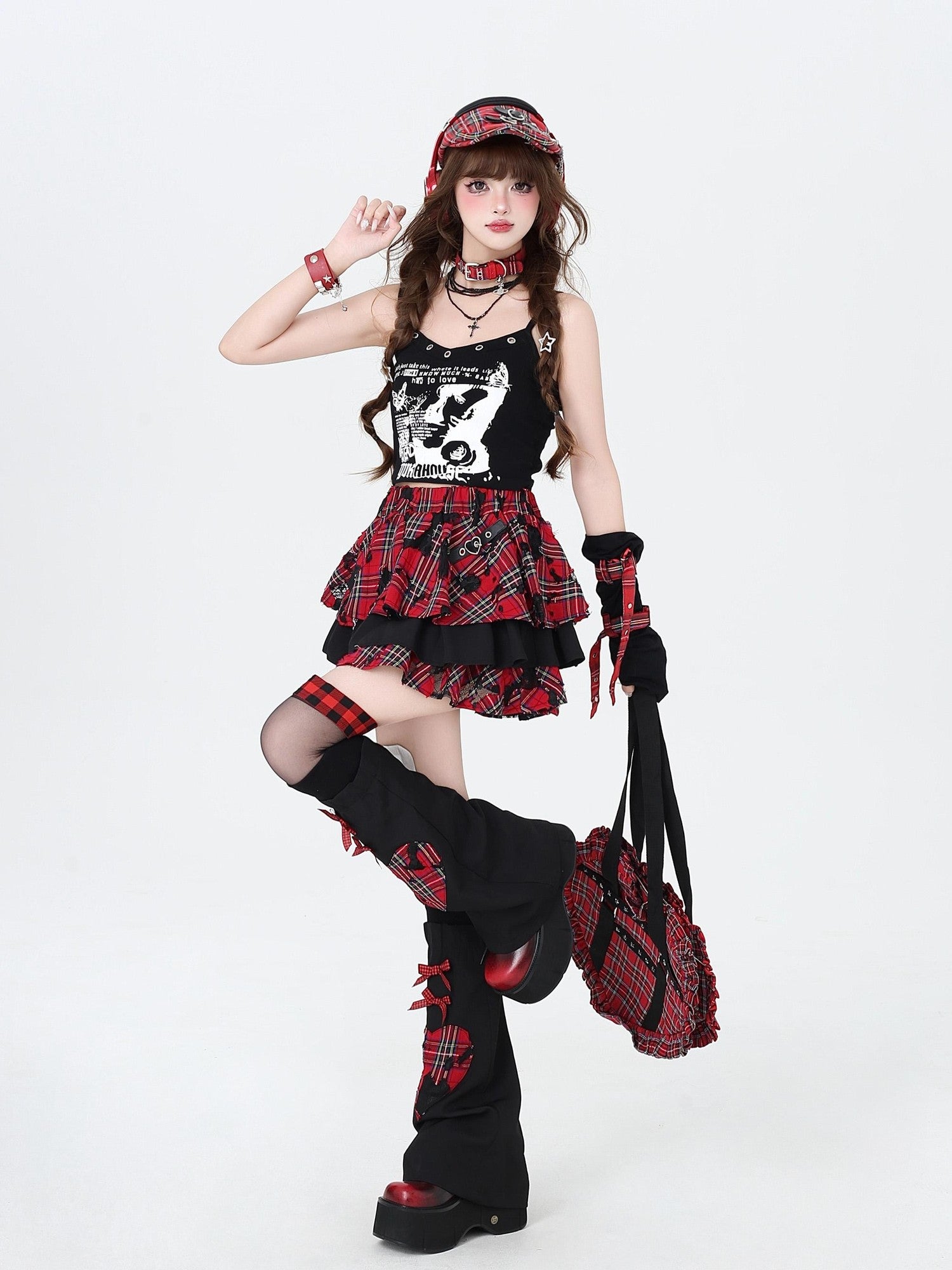 Crazy Girl Punk Plaid Chain Distressed Pleated Women&