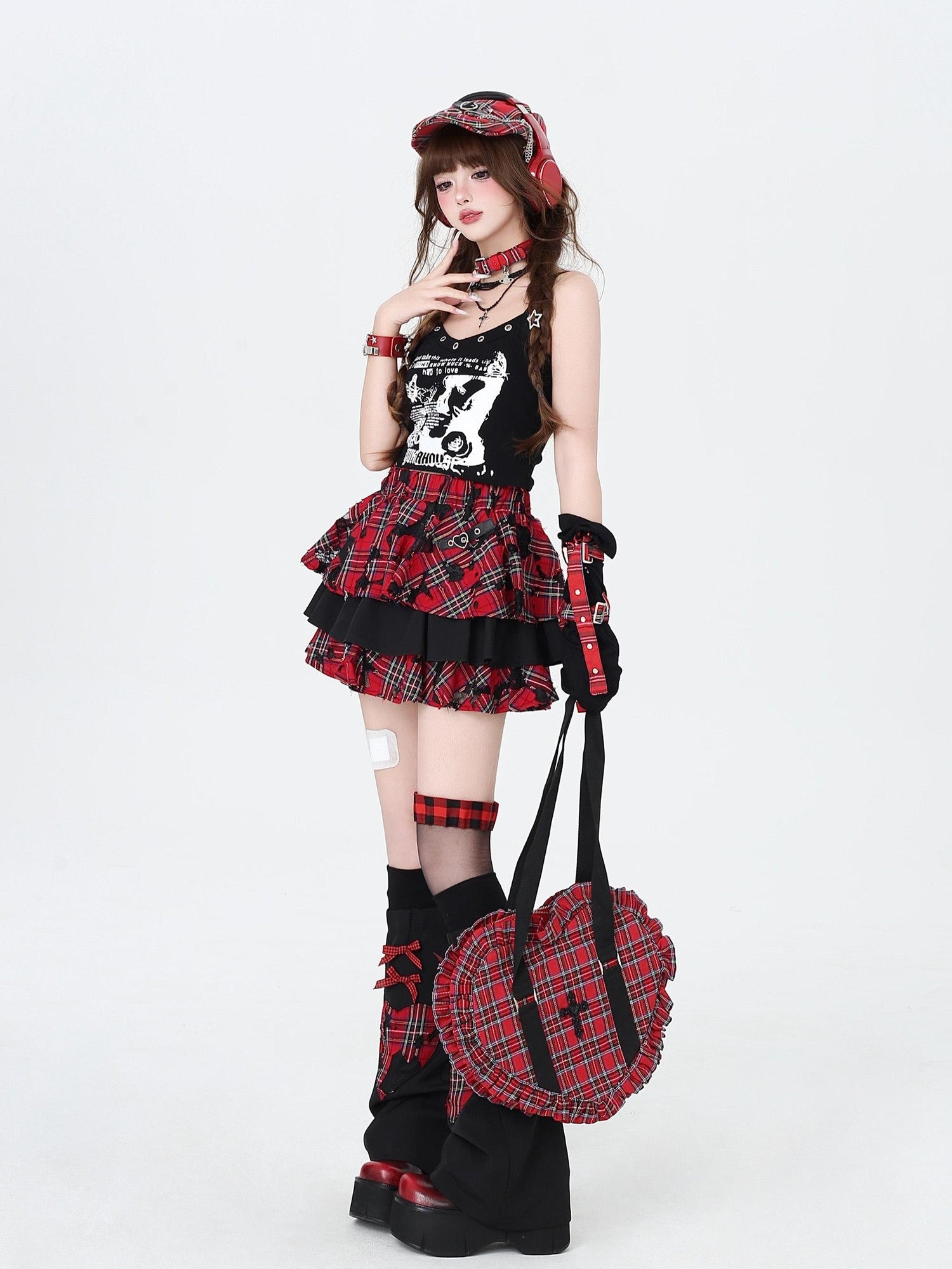 Crazy Girl Punk Plaid Chain Distressed Pleated Women&