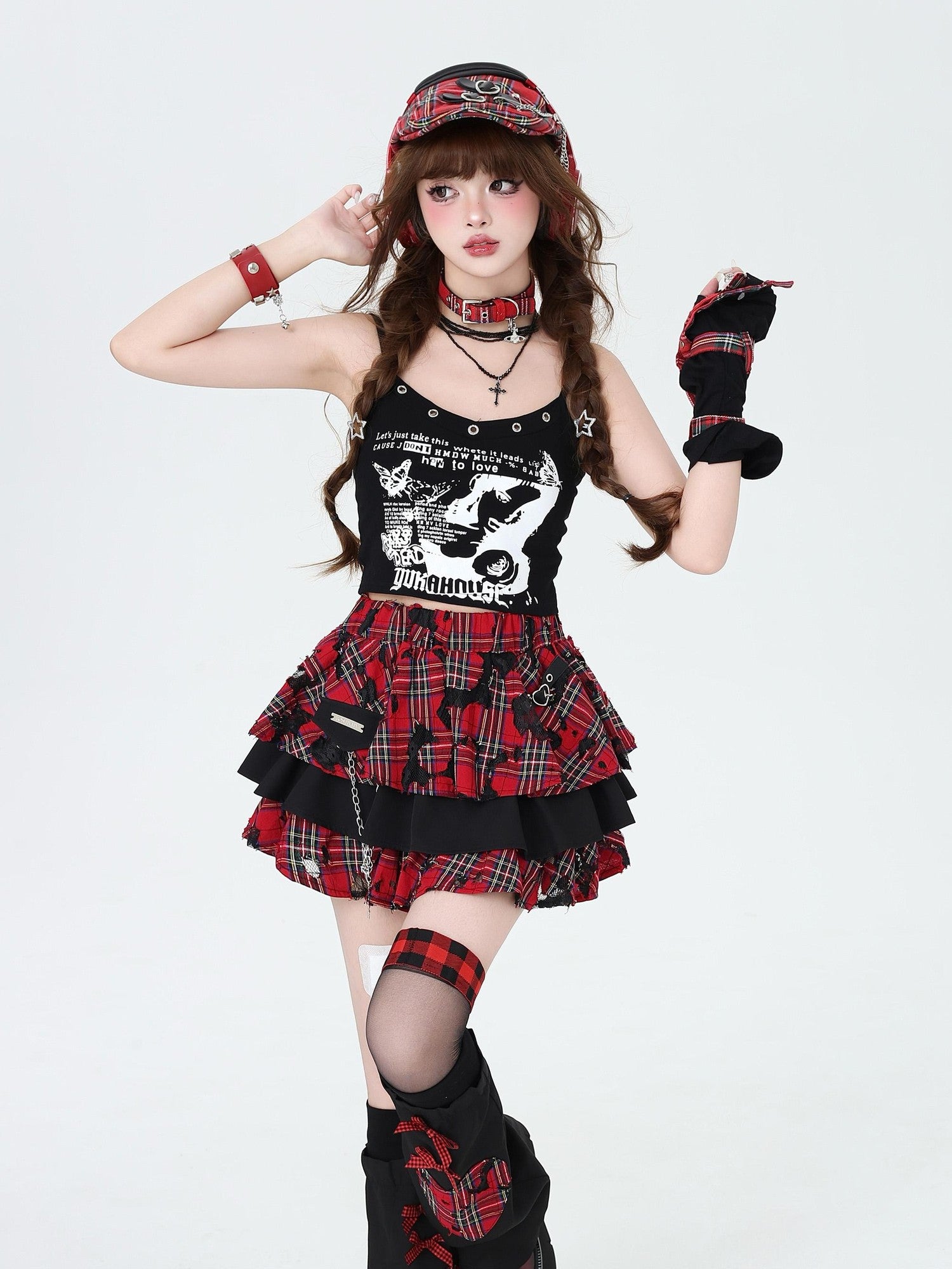 Crazy Girl Punk Plaid Chain Distressed Pleated Women&