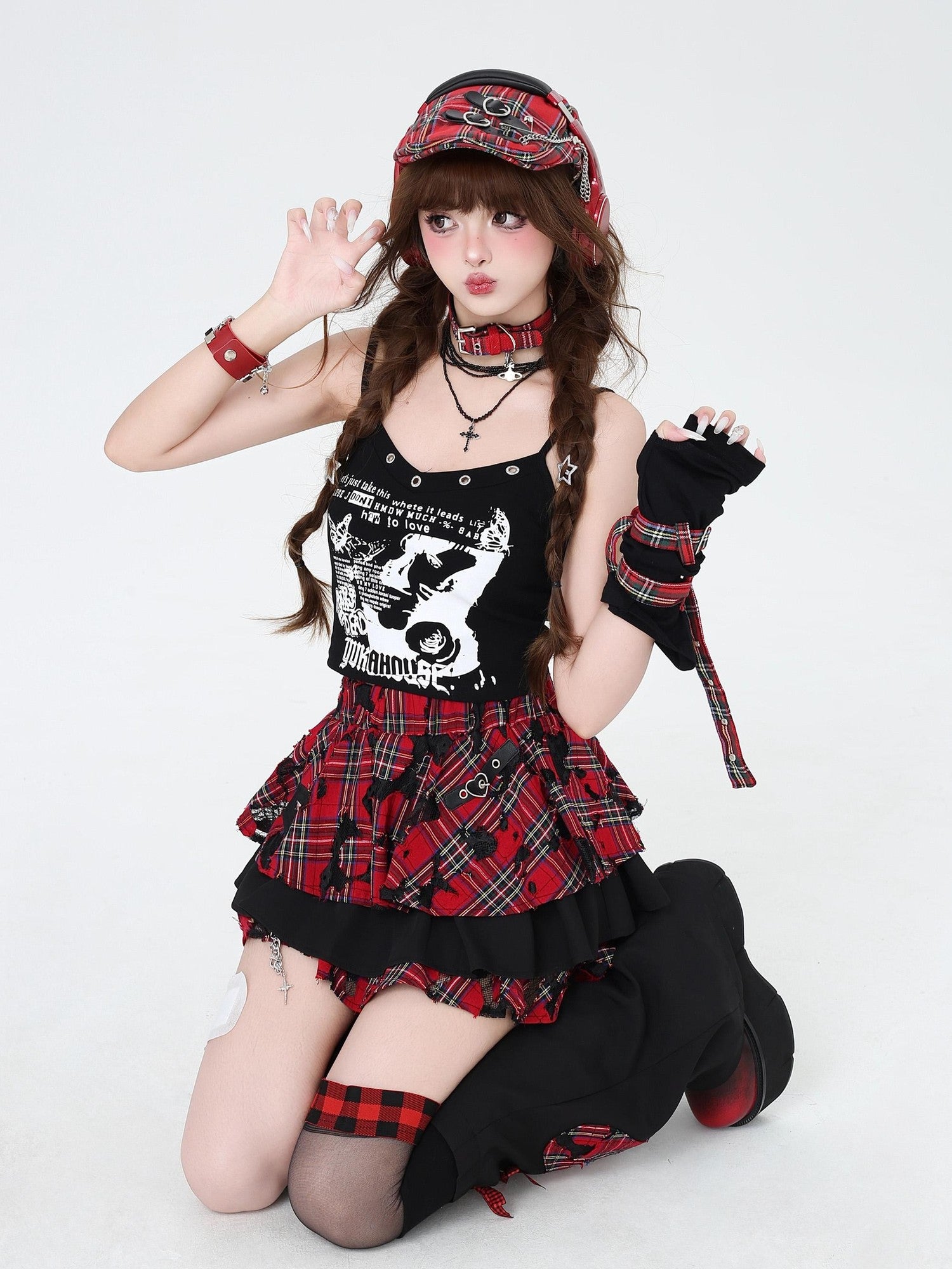 Crazy Girl Punk Plaid Chain Distressed Pleated Women&