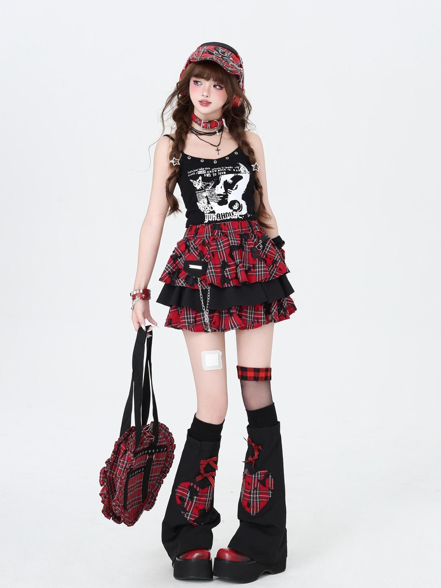 Crazy Girl Punk Plaid Chain Distressed Pleated Women&